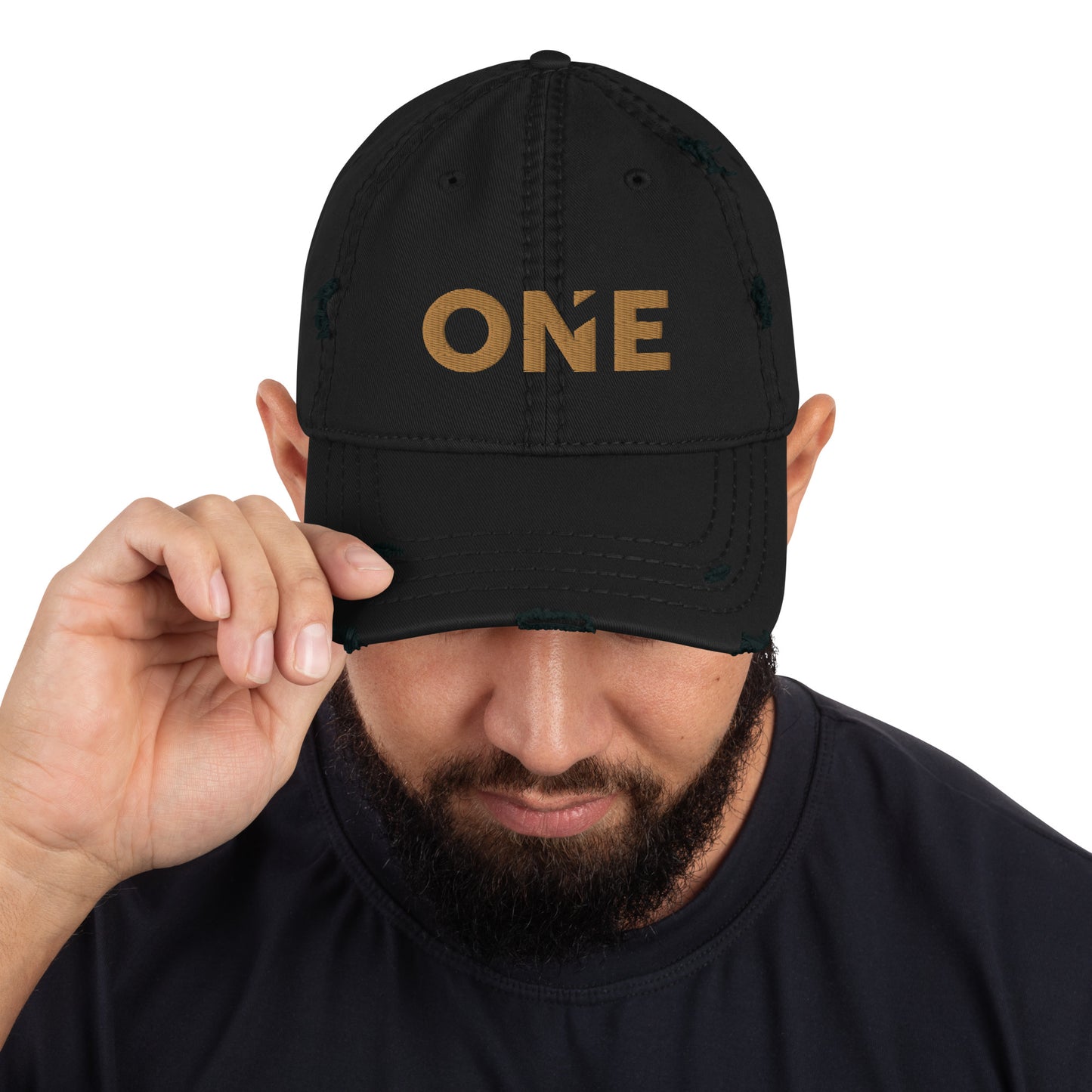 ONE Distressed Dad Hat (3D Puff Embroidery)